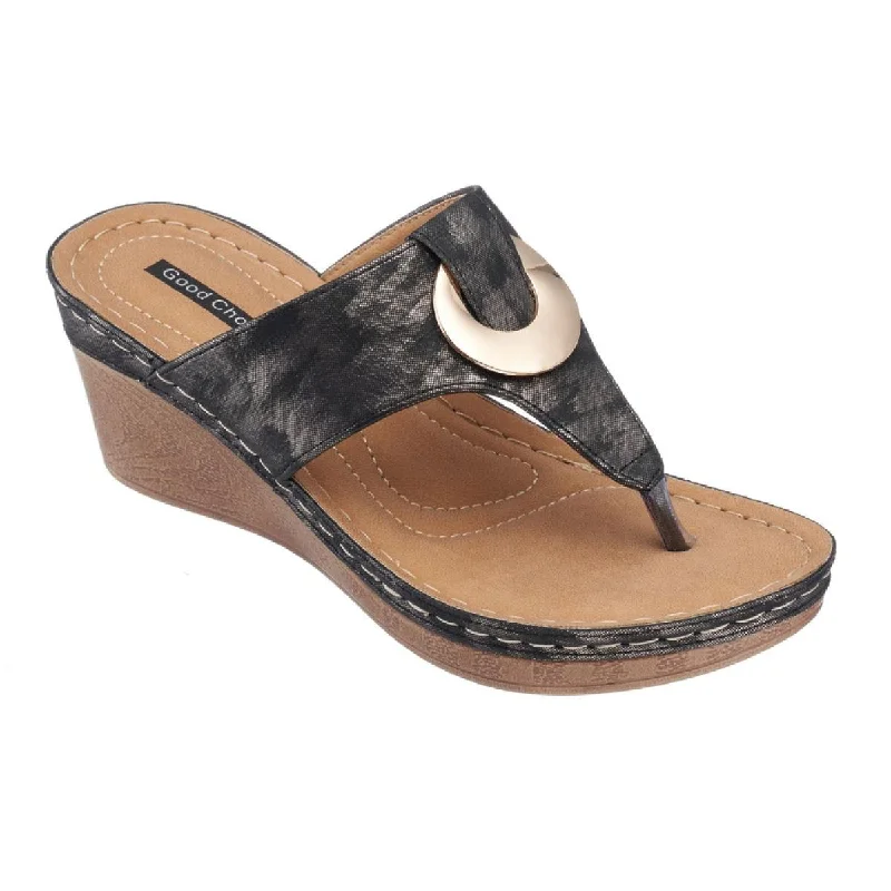 Step Ahead, Lead The Trend Good Choice Womens Genelle Faux Leather Slip-On Wedge Sandals