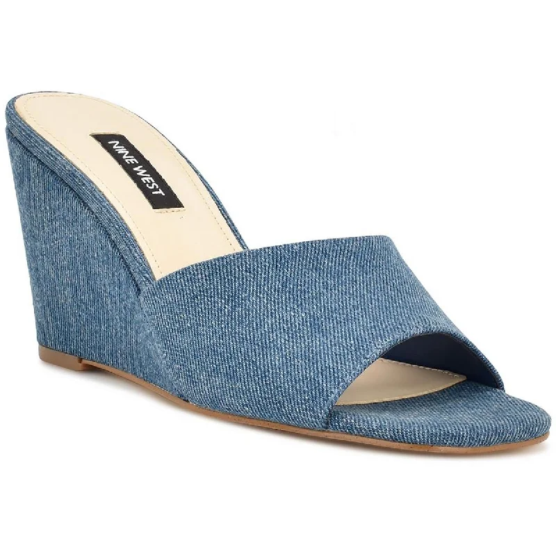 All-Season Shoes Deal Nine West Womens Nesa 7 Faux Denim Square Toe Wedge Sandals