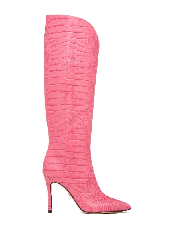 Elegant Evening Shoes Deal Peyton Knee High Pointed Toe Boot In Pink Crocodile