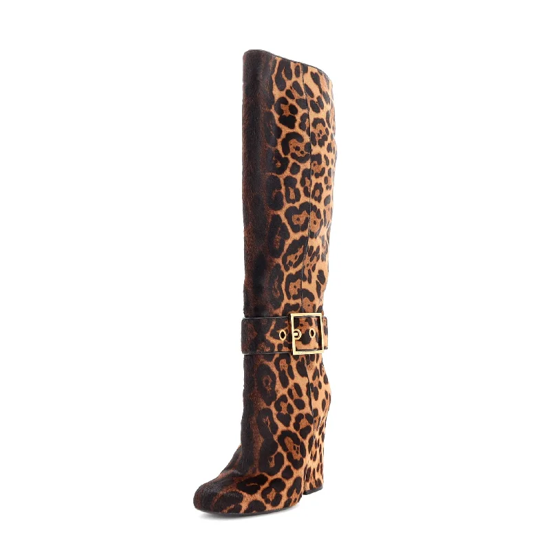 Comfortable Boots Sale Women's Buckle Knee High Boots Printed Pony Hair